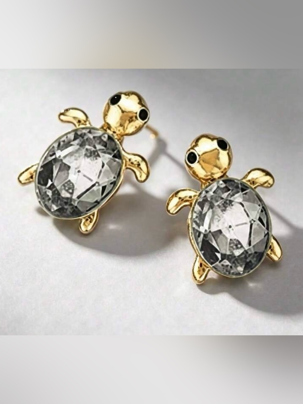 Gold Turtle Earrings with Clear Crystal Shells